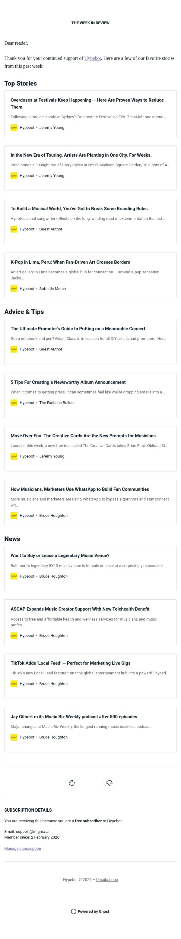 The Week in Review: February 13-19, 2026 email from Hypebot screenshot