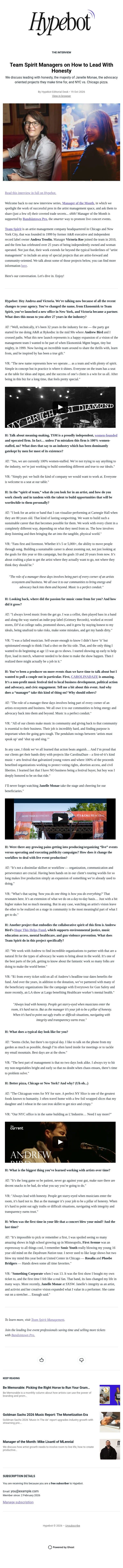 Team Spirit Managers on How to Lead With Honesty email from Hypebot screenshot