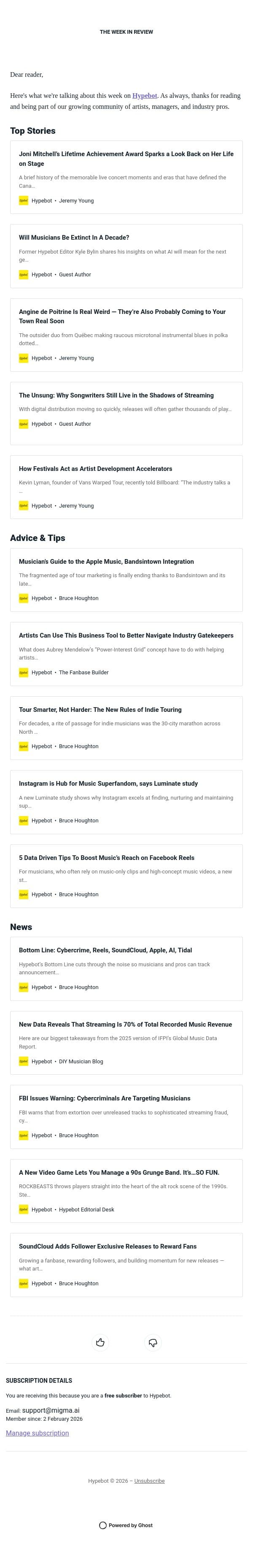 The Week in Review: March 27-April 2, 2026 email from Hypebot screenshot