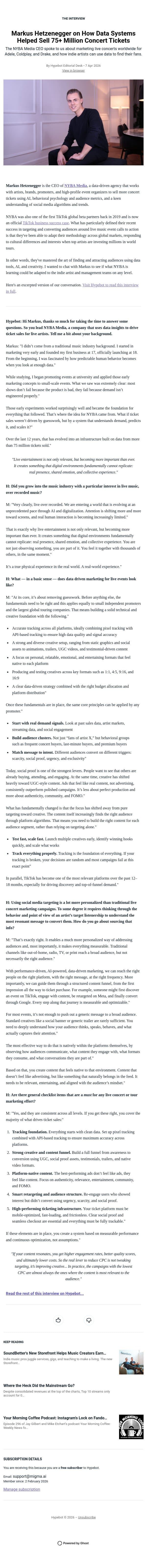 Markus Hetzenegger on How Data Systems Helped Sell 75+ Million Concert Tickets email from Hypebot screenshot