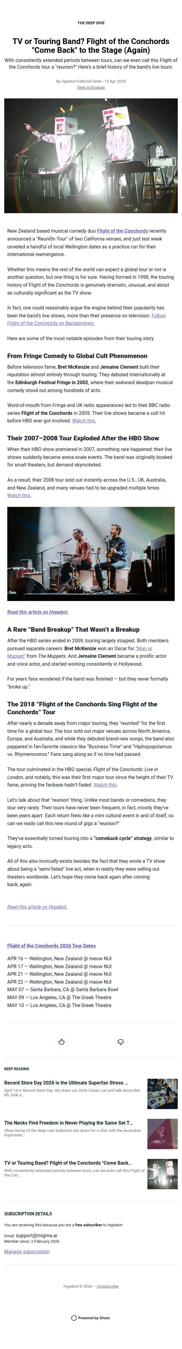 TV or Touring Band? Flight of the Conchords "Come Back" to the Stage (Again) email from Hypebot screenshot