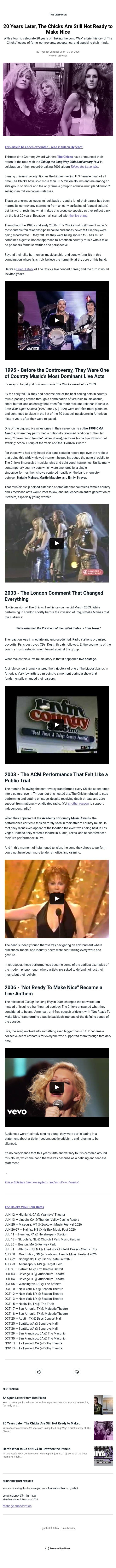 20 Years Later, The Chicks Are Still Not Ready to Make Nice email from Hypebot screenshot