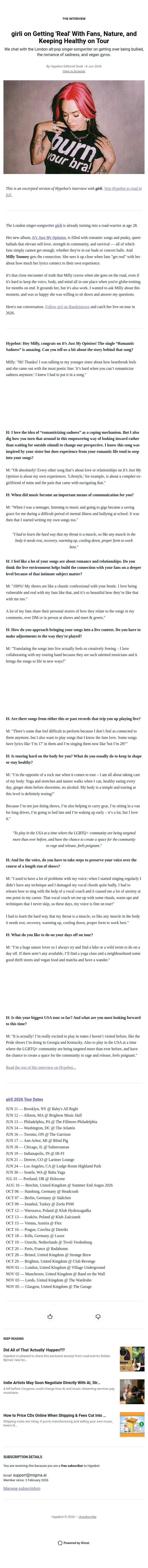 girli on Getting 'Real' With Fans, Nature, and Keeping Healthy on Tour email from Hypebot screenshot