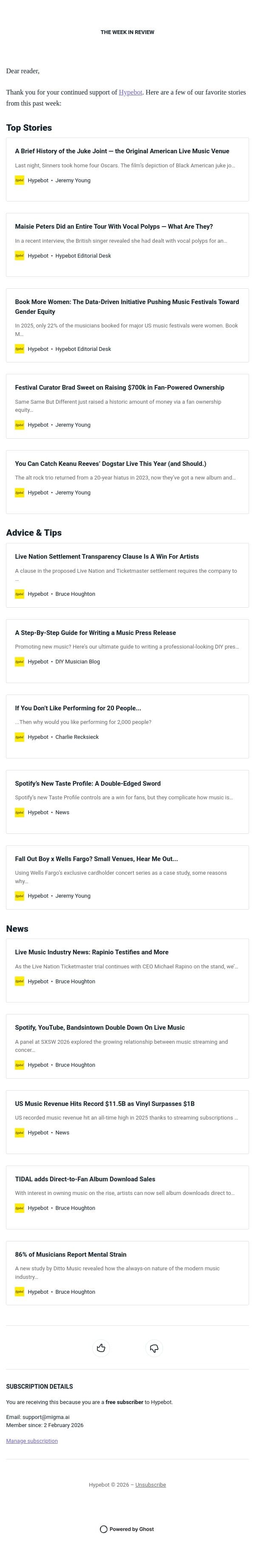 The Week in Review: March 13-19, 2026 email from Hypebot screenshot