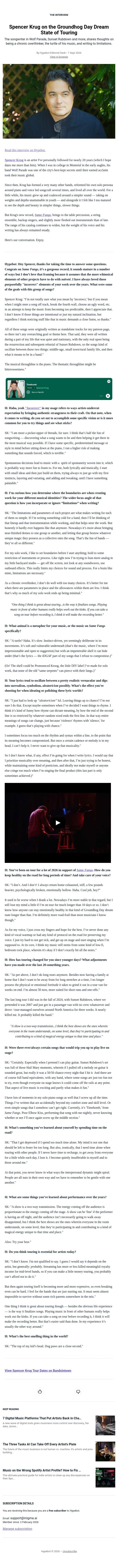 Spencer Krug on the Groundhog Day Dream State of Touring email from Hypebot screenshot