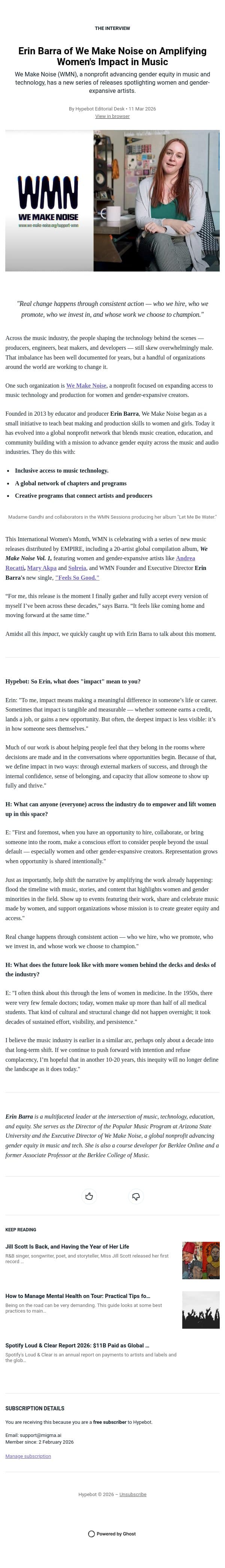 Erin Barra of We Make Noise on Amplifying Women's Impact in Music email from Hypebot screenshot