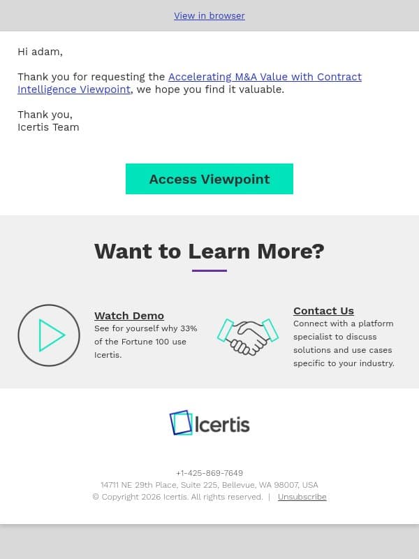 Thank you for your submission email from Icertis screenshot