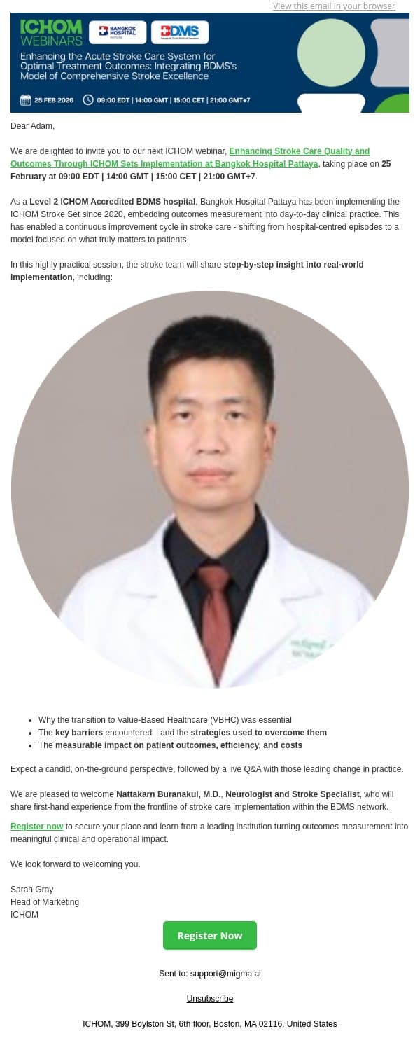 How a Level 2 ICHOM Accredited Hospital Transformed Stroke Care with ICHOM email from ICHOM screenshot