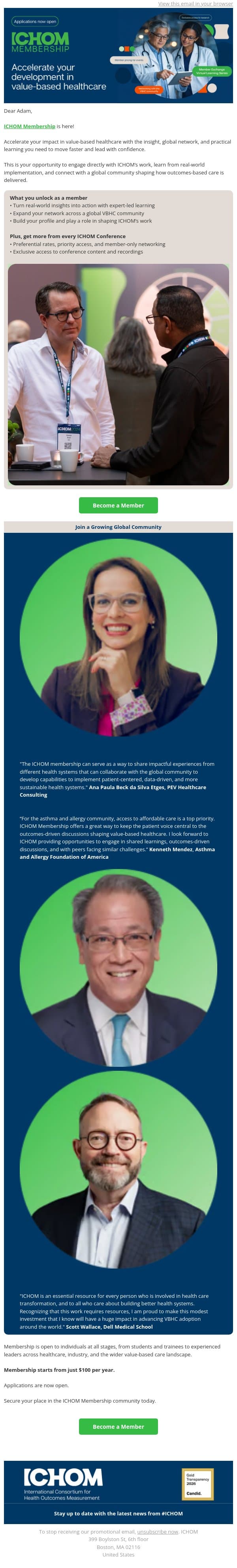 ICHOM Membership is live. Don’t miss your place. email from ICHOM screenshot