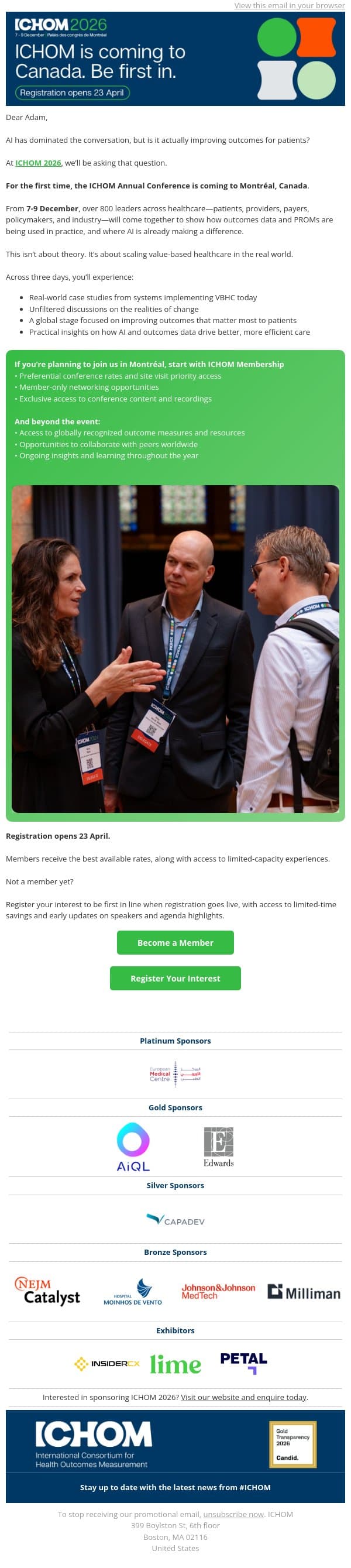 ICHOM 2026 is coming to Canada. Be first in. email from ICHOM screenshot