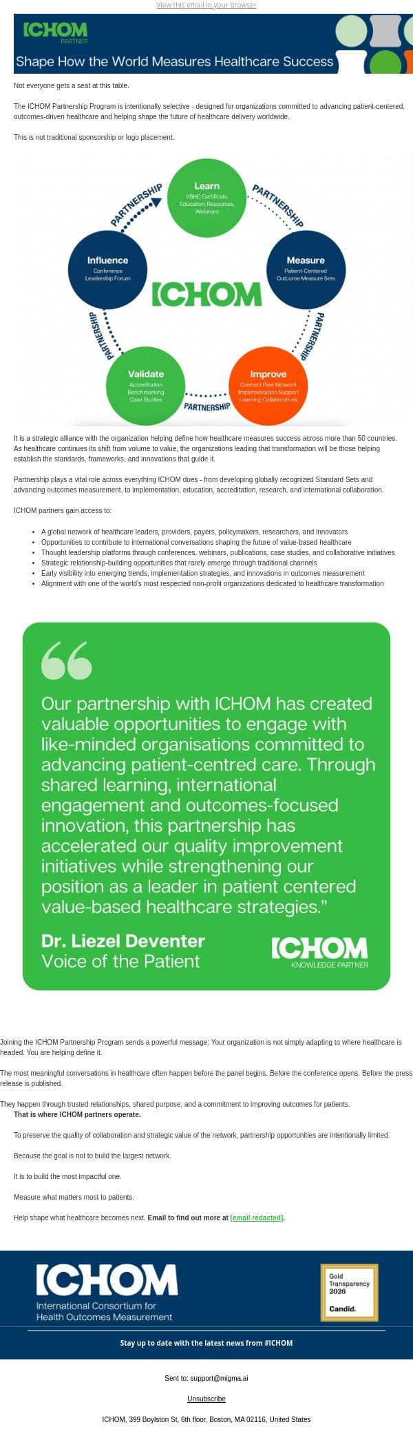 Not Everyone Gets a Seat at This Table email from ICHOM screenshot