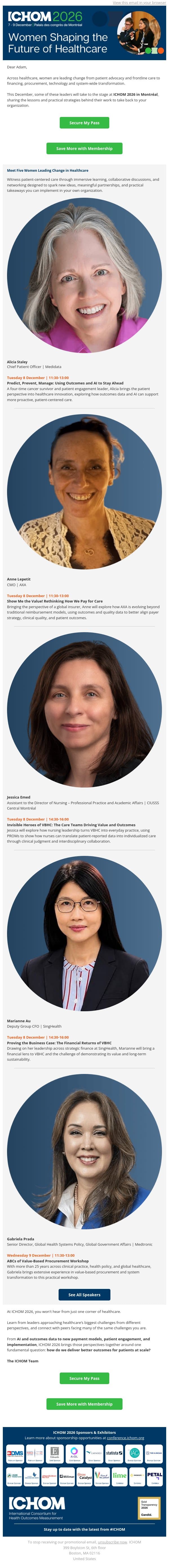 Meet the women shaping healthcare at ICHOM 2026 email from ICHOM screenshot