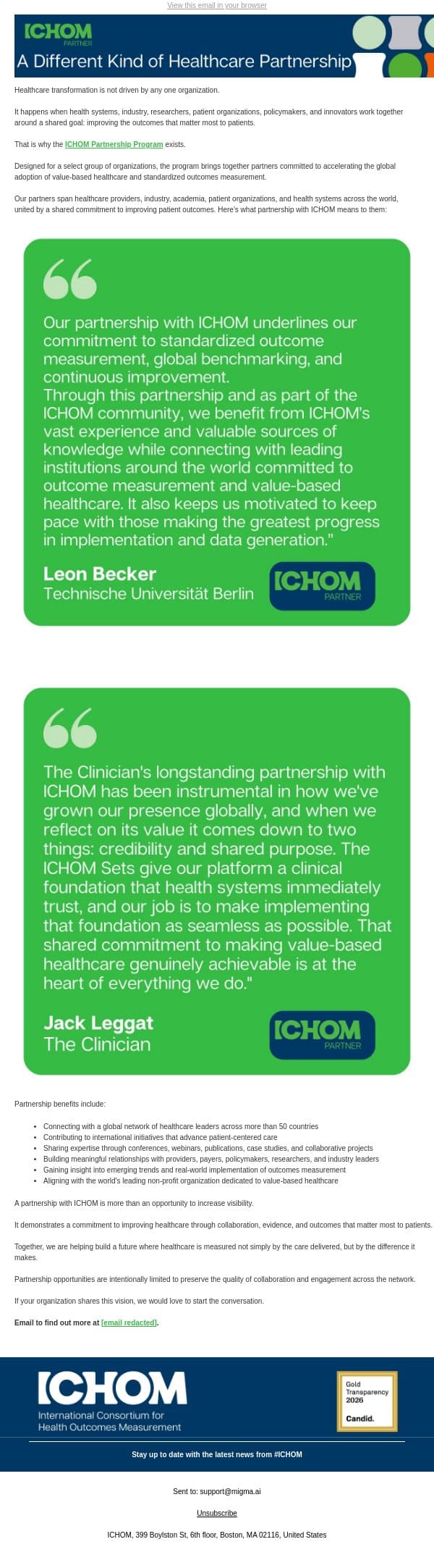 A Different Kind of Healthcare Partnership email from ICHOM screenshot