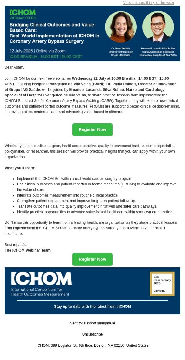 How One Hospital Is Transforming Cardiac Surgery with Outcomes Data email from ICHOM screenshot