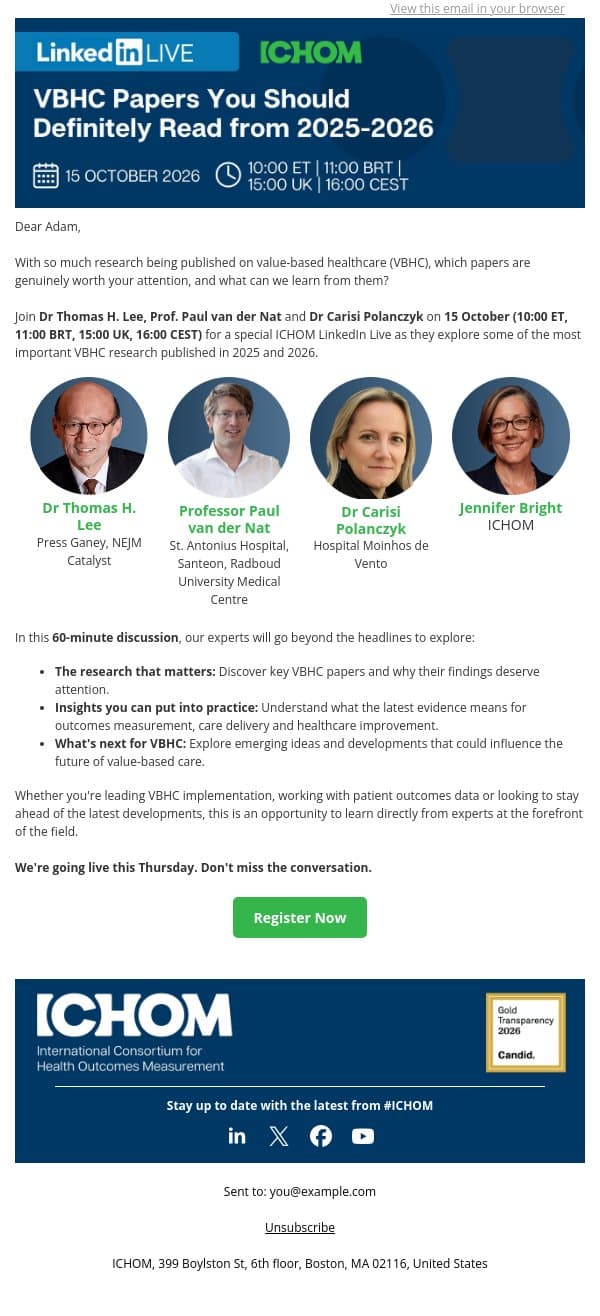 This Thursday: The VBHC Papers Shaping Healthcare email from ICHOM screenshot