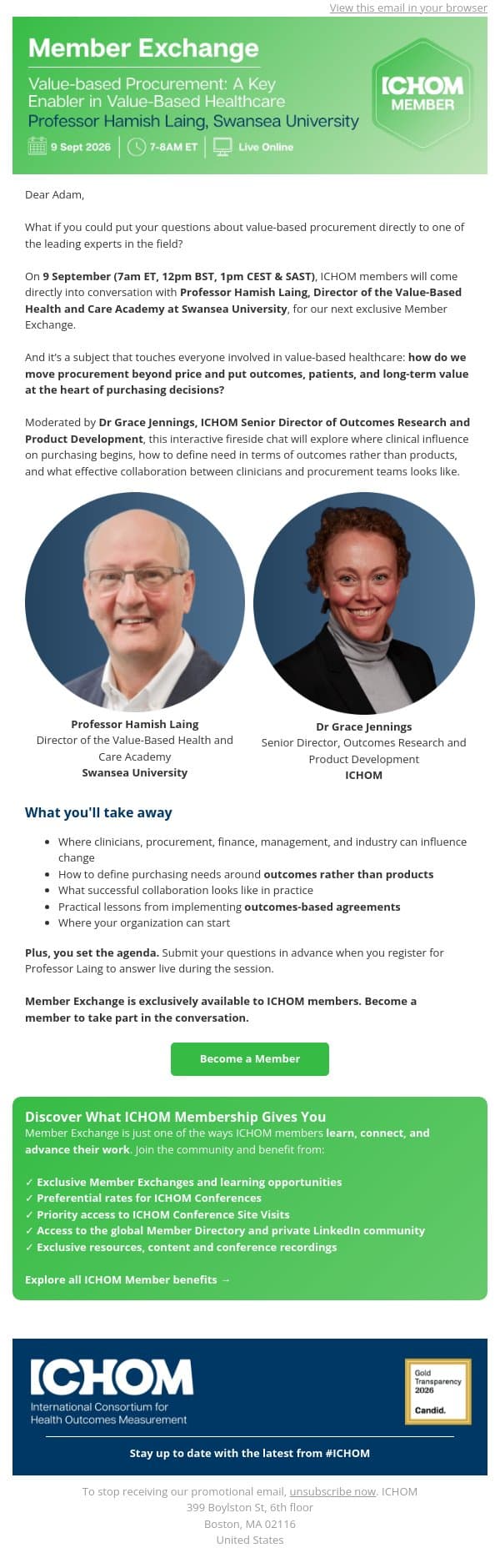 Member Exchange: How do you put value-based procurement into practice? email from ICHOM screenshot