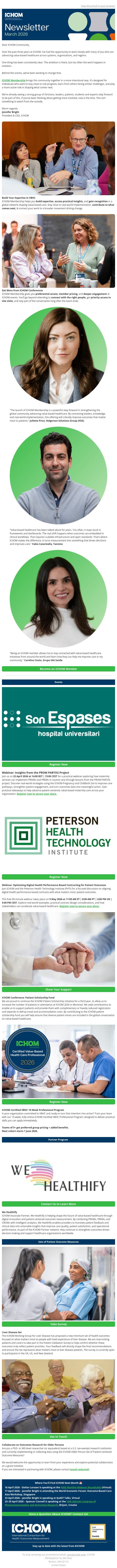 Inside ICHOM: updates, innovations, and outcomes email from ICHOM screenshot
