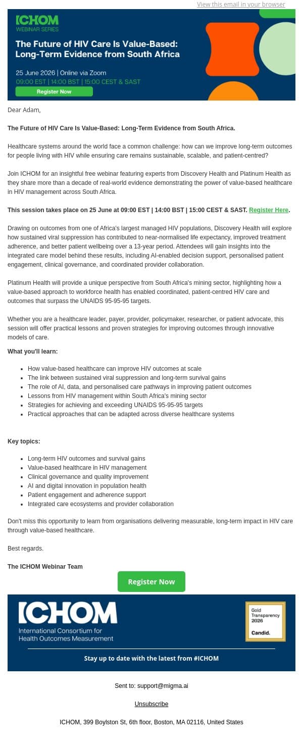 How South Africa Is Transforming HIV Outcomes Through Value-Based Care email from ICHOM screenshot