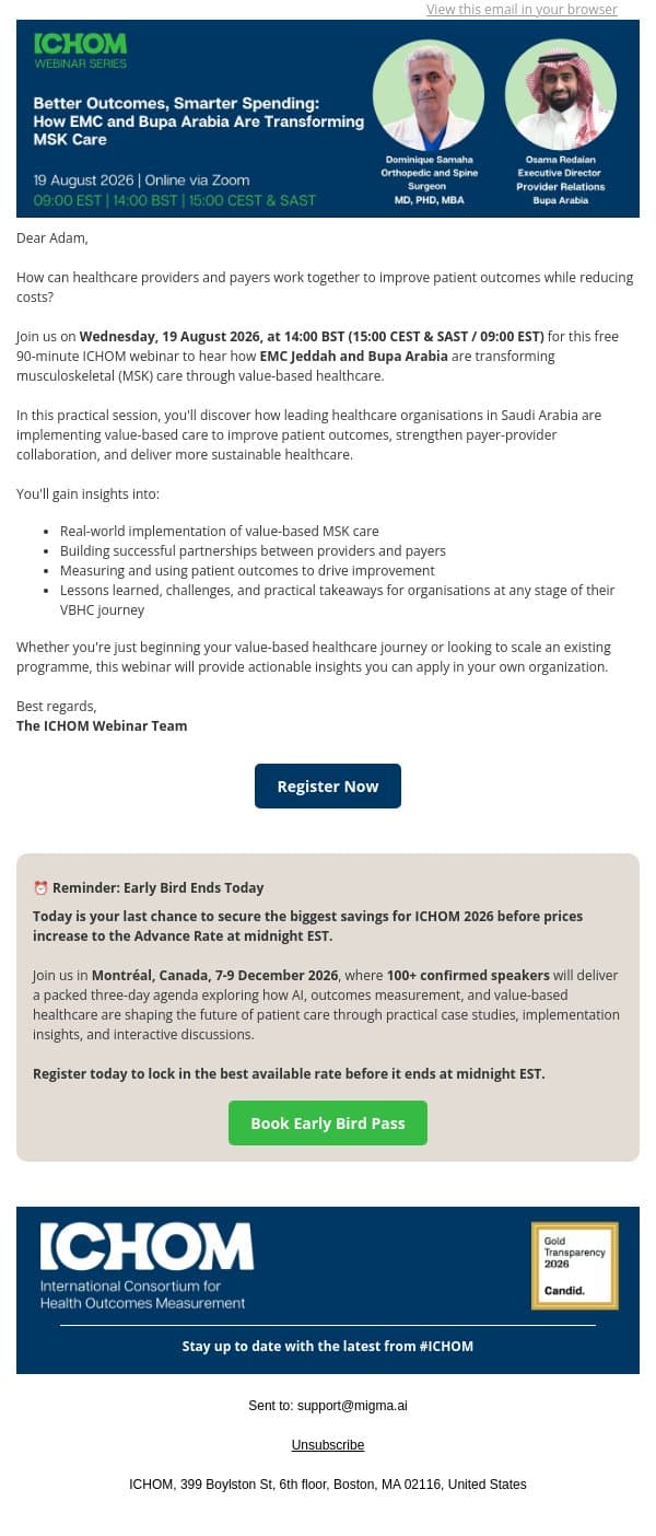 What Does Successful Provider-Payer Collaboration Look Like? email from ICHOM screenshot