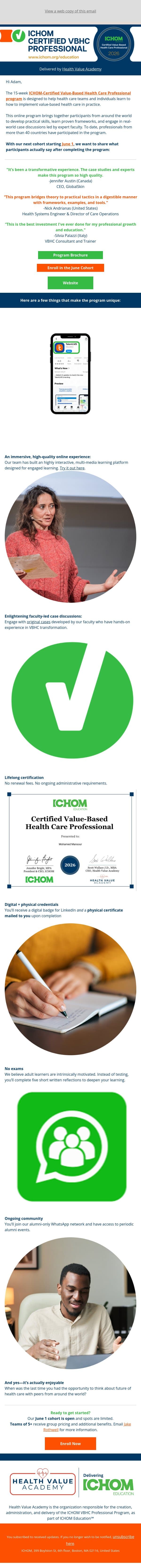 What participants say about the ICHOM-Certified VBHC Professional Program email from ICHOM screenshot