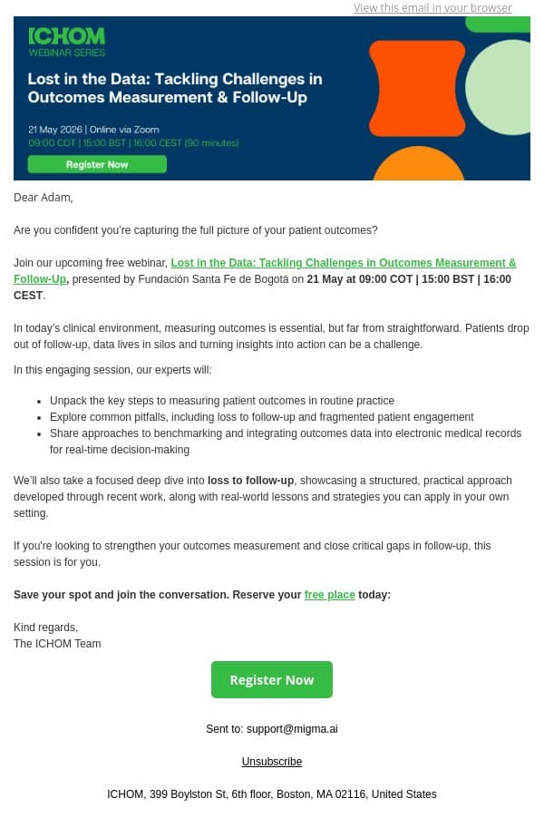 Are You Missing Critical Patient Outcomes Data? email from ICHOM screenshot
