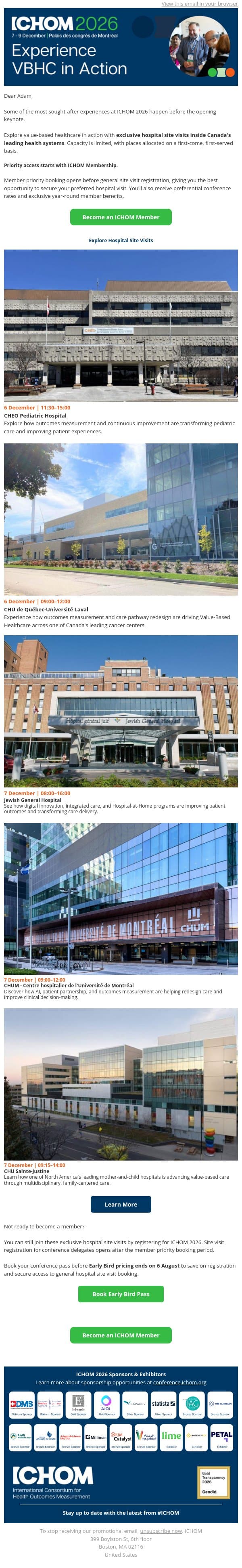 Go behind the scenes at Canada's leading hospitals email from ICHOM screenshot