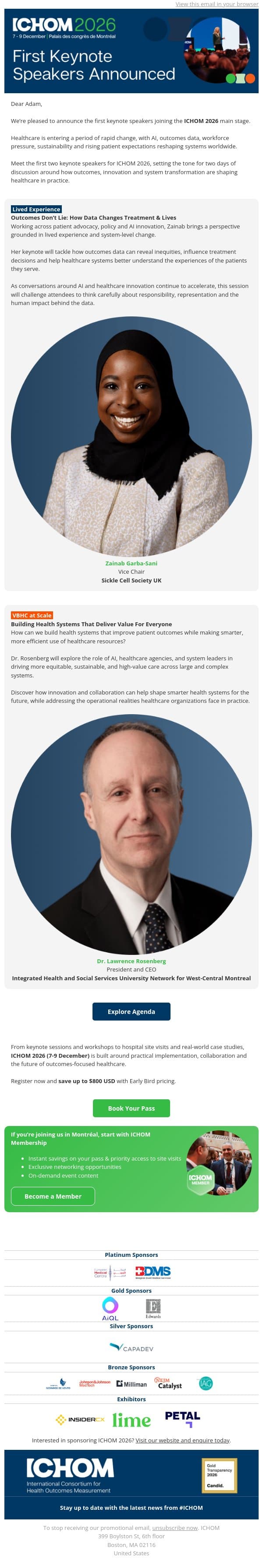 First keynote speakers announced for ICHOM 2026 email from ICHOM screenshot