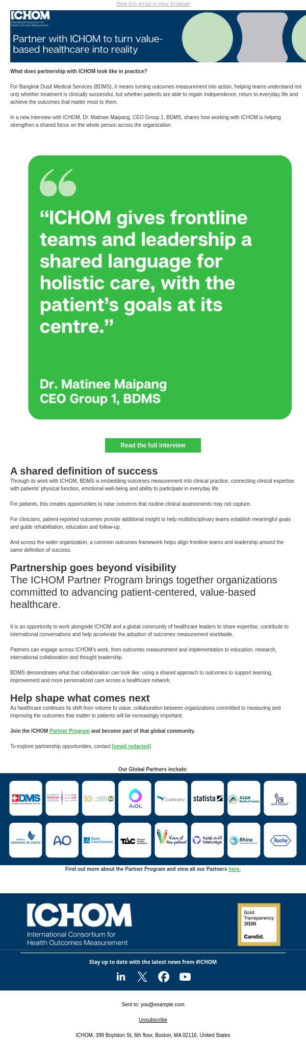 What does value-based healthcare look like in practice? email from ICHOM screenshot