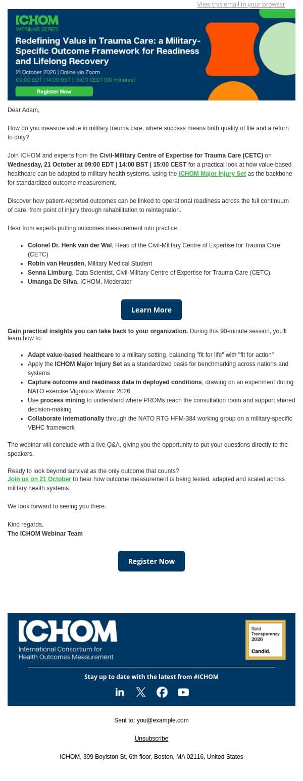 Beyond survival: Measuring what matters in military trauma care email from ICHOM screenshot