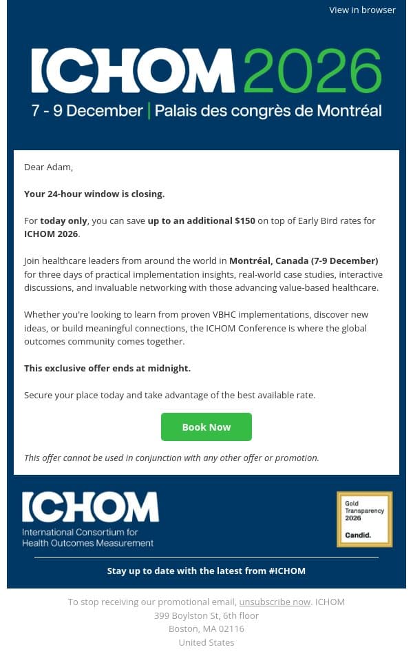 Exclusive savings for ICHOM 2026 ends soon email from ICHOM screenshot