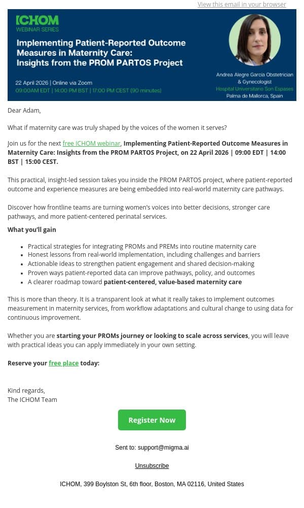 How Patient Voice Is Transforming Maternity Care email from ICHOM screenshot