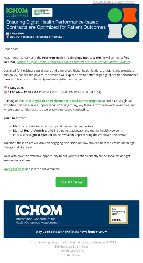 Real-world lessons from ICHOM, PHTI, and industry leaders email from ICHOM screenshot