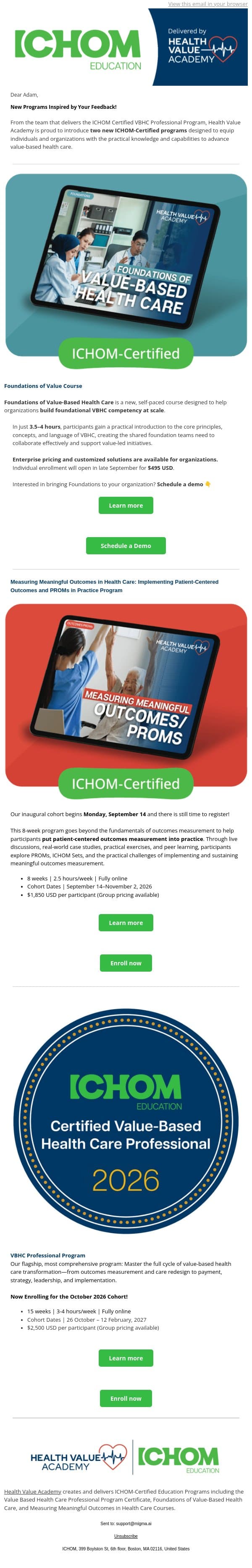 Announcing New ICHOM Education Programs email from ICHOM screenshot