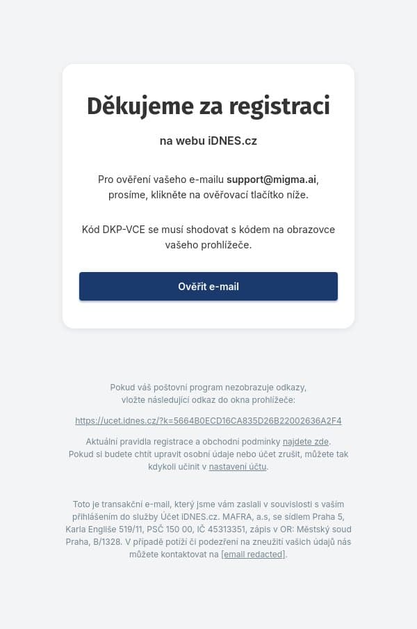 Registrace k účtu - iDNES.cz email from iDNES.cz screenshot
