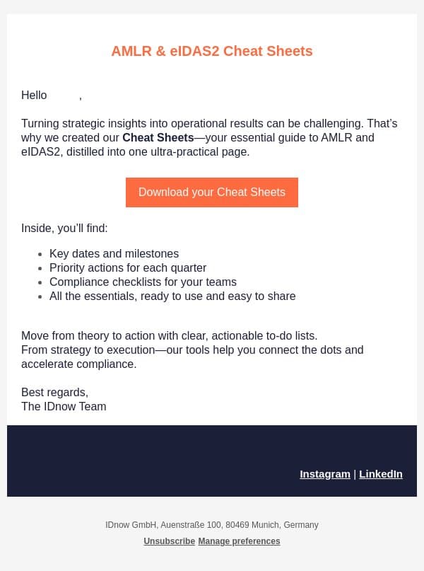 AMLR & eIDAS2 Cheat Sheets – Your Compliance Action Plan on One Page email from IDnow screenshot