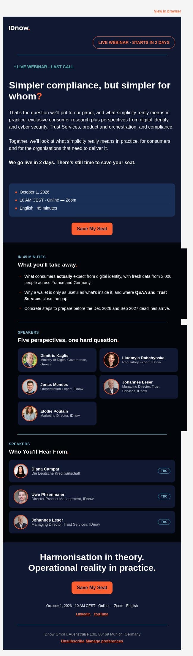 Webinar in 2 days: simpler compliance, but simpler for whom? email from IDnow screenshot