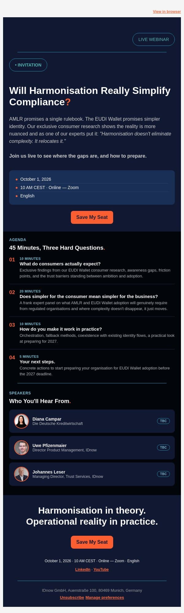 Live webinar, October 1: will AMLR harmonisation really simplify your compliance work? email from IDnow screenshot