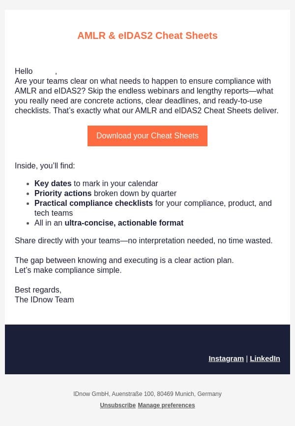 AMLR & eIDAS2 Cheat Sheets – Your Action Plan Starts Here email from IDnow screenshot