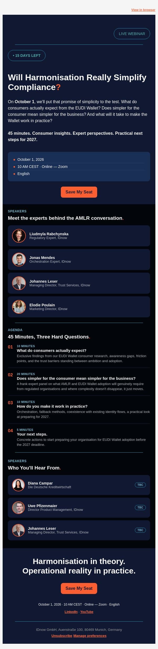 A webinar you might want on your radar: AMLR & the EUDI Wallet gap email from IDnow screenshot