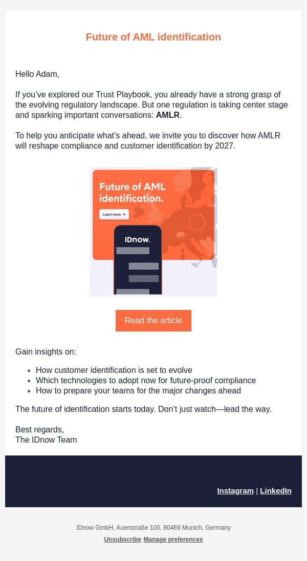 Beyond the Trust Playbook: Get Ready for AMLR in 2027 email from IDnow screenshot