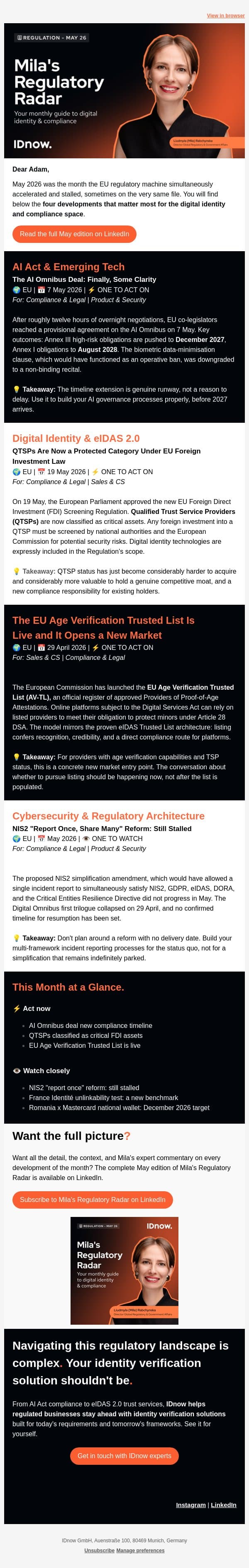 Regulatory Radar - May 2026: What you can't afford to miss email from IDnow screenshot