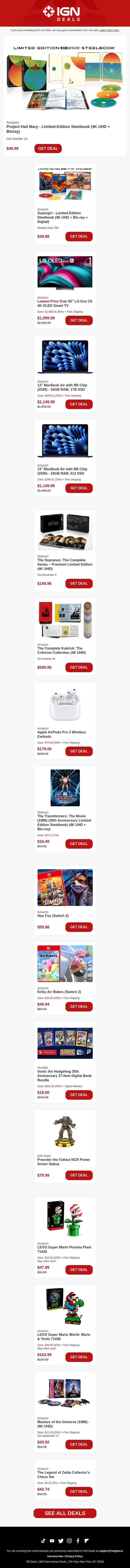 Weekend Deals: Project Hail Mary Steelbook Is Up for Preorder email from IGN screenshot