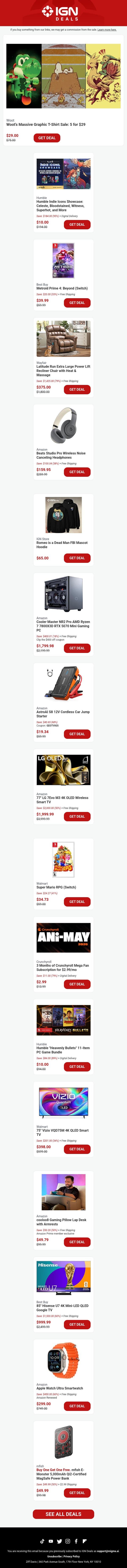 Daily Deals: Don't Miss Woot's Massive 5 for $29 Graphic T-Shirt Sale email from IGN screenshot