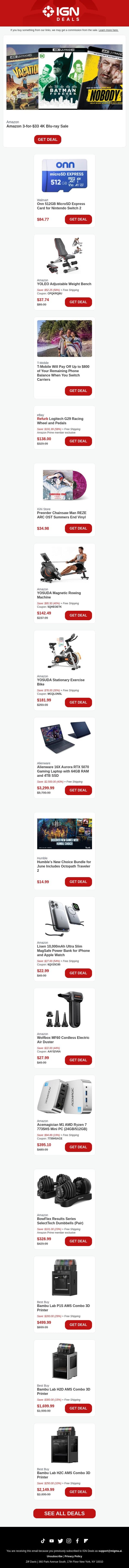 Daily Deals: Amazon 3 for $33 4K Blu-ray Sale, Early Prime Day Fitness Equipment Deals email from IGN screenshot
