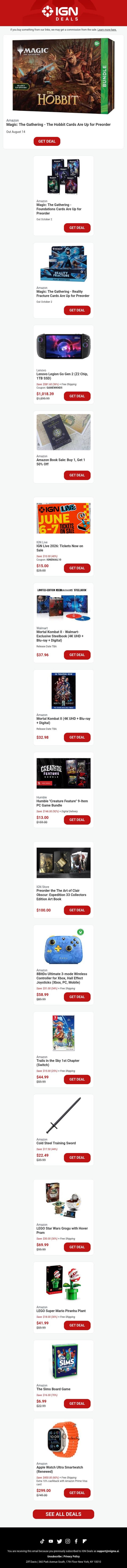 Weekend Deals: The Hobbit MGT Cards Are Up for Preorder email from IGN screenshot