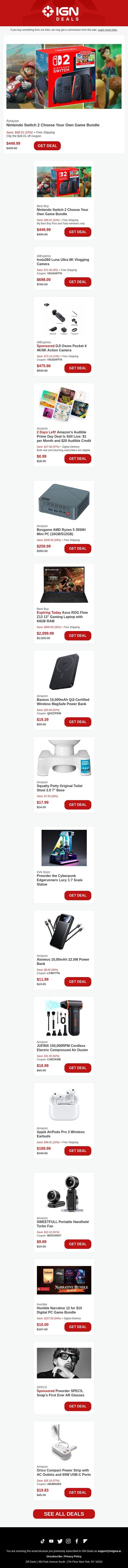 Daily Deals: $50 Off Nintendo Switch 2 Choose Your Own Game Bundle email from IGN screenshot