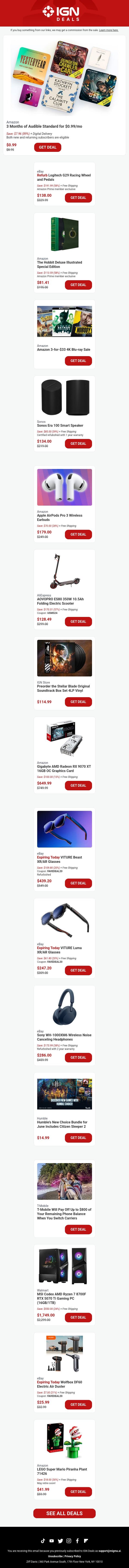 Daily Deals: Audible for $0.99/mo, Logitech G29 Racing Wheel for $138 email from IGN screenshot