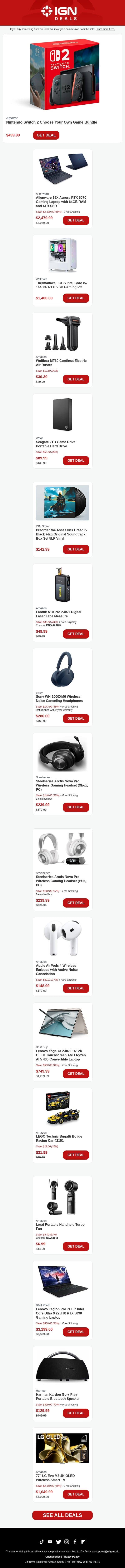 Daily Deals: Nintendo Switch 2, Alienware Gaming PC, Steelseries Gaming Headset, and More email from IGN screenshot