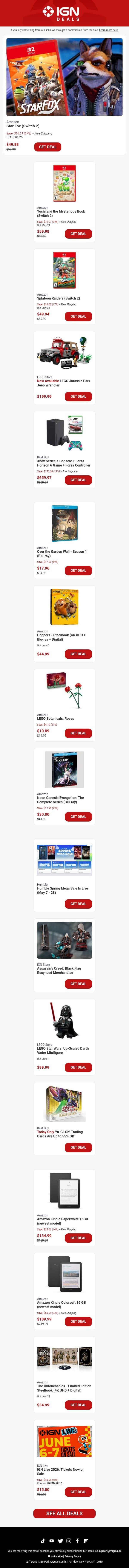 Daily Deals: Save $10 Off Star Fox and More Switch 2 Preorders email from IGN screenshot