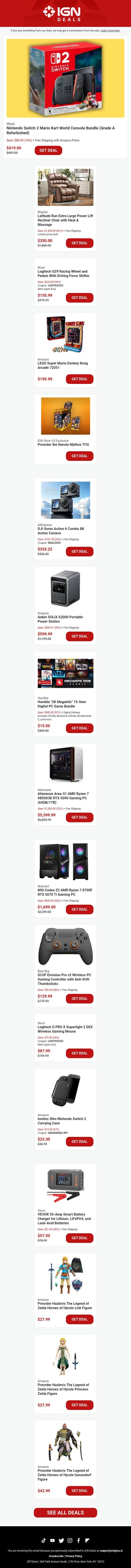 Daily Deals: Nintendo Switch 2 Mario Kart World Bundle for $419, 60% Off Logitech G29 Racing Wheel email from IGN screenshot